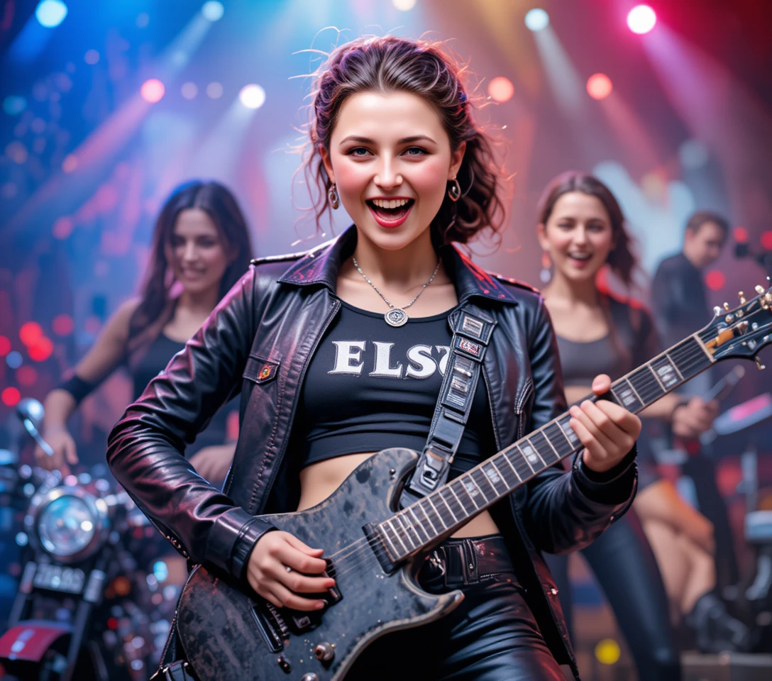 Giovane cantante metal con outfit in pelle nera sul palco