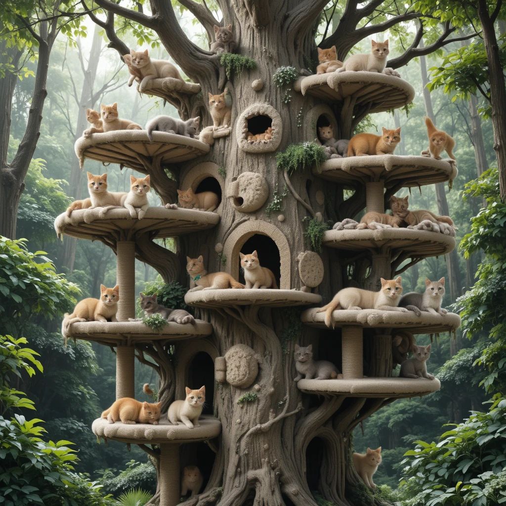 Fantasy cat treehouse nestled in a lush green forest