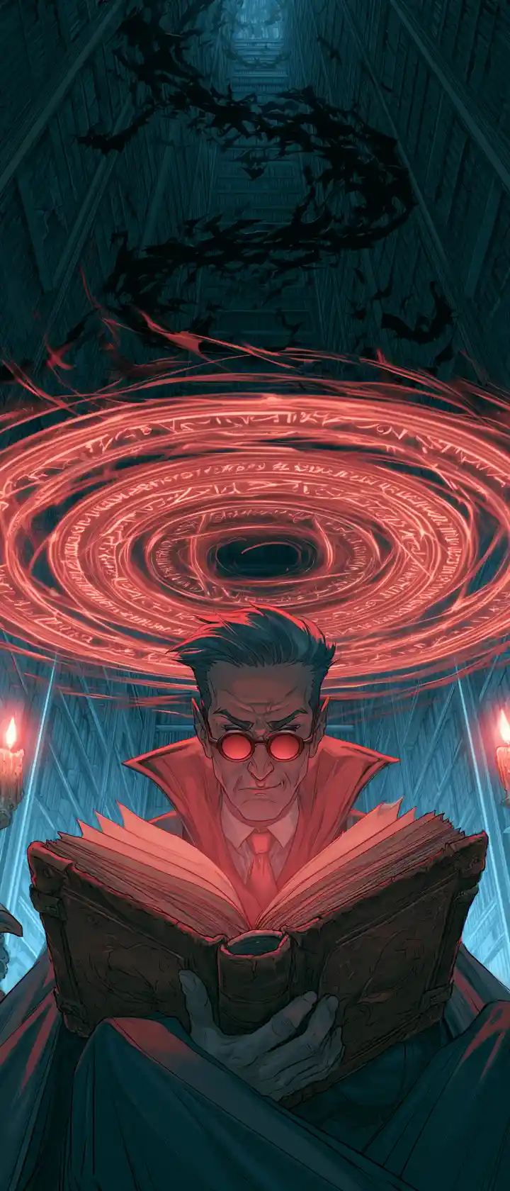 Vampire scholar in endless fantasy library with crimson magic