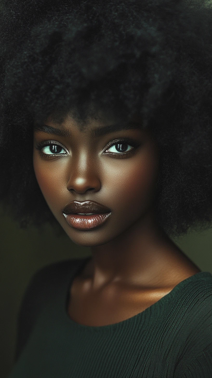 Serene close up portrait of a black woman with afro hair