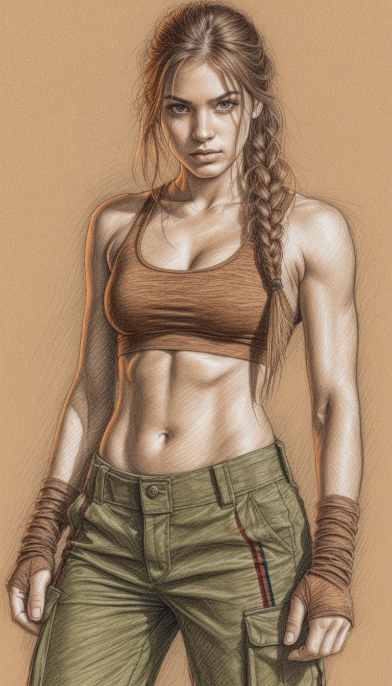 Intense athletic girl portrait in detailed pencil hatching