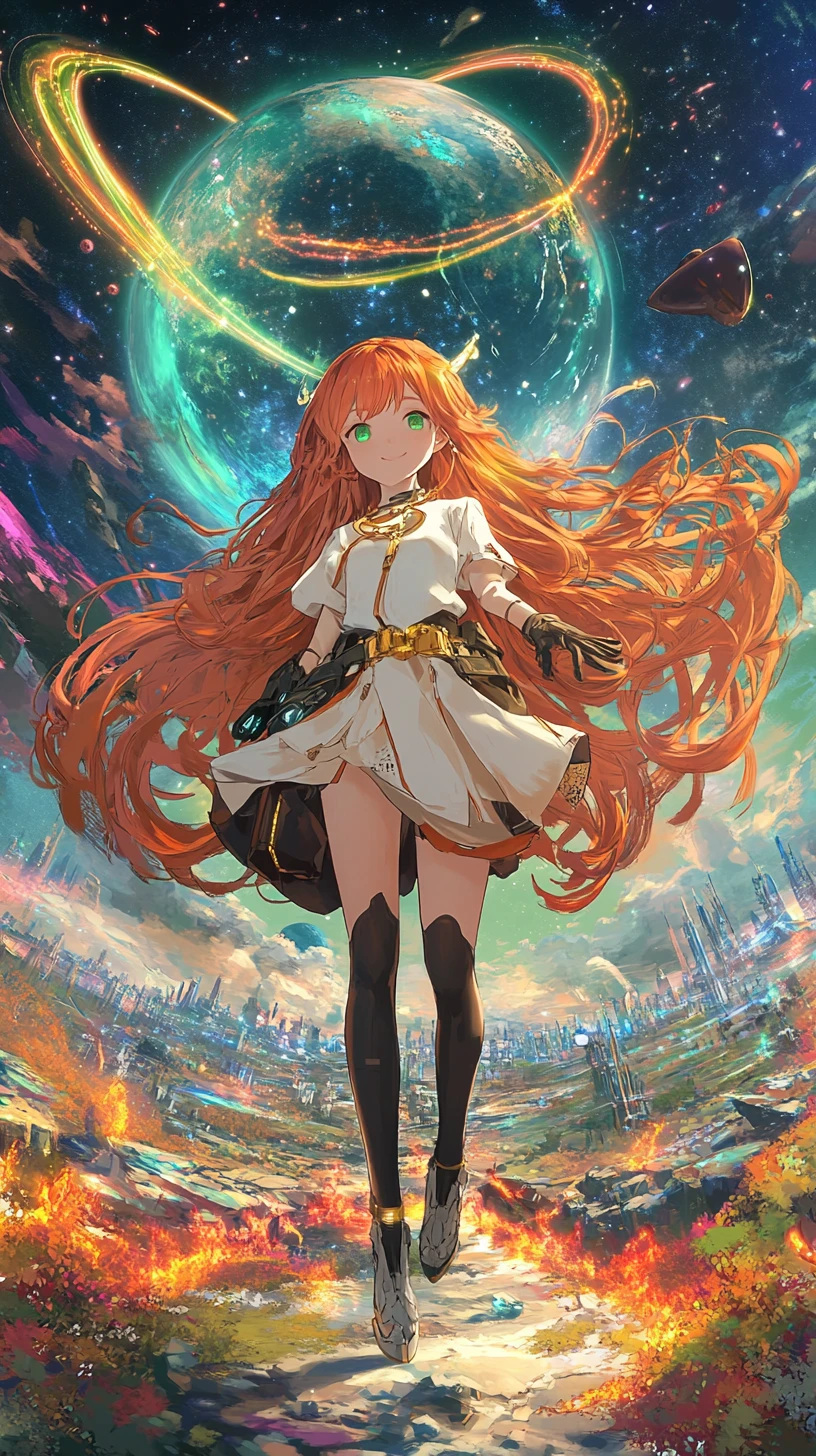 Anime girl floating in deep space beside a colorful ringed planet