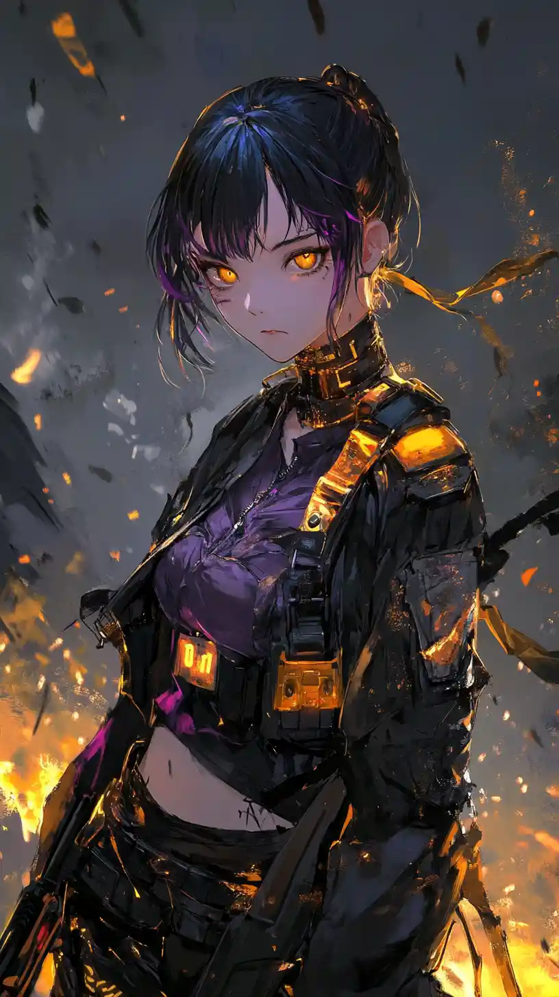 Anime girl in fiery outfit with yellow eyes and long blouse