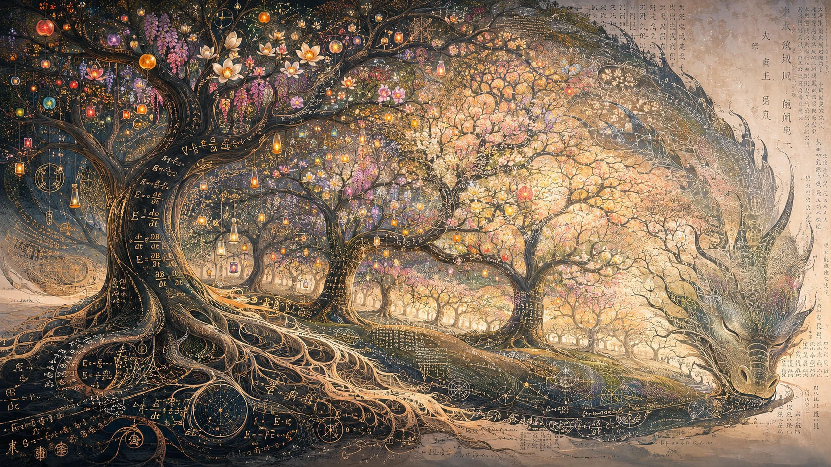 Surreal trees with roots turning into elegant calligraphic forms