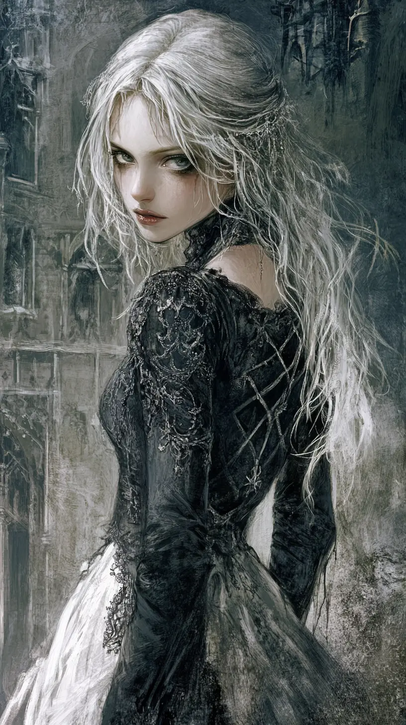 Donna gotica fantasy dai capelli bianchi in paesaggio urbano steampunk