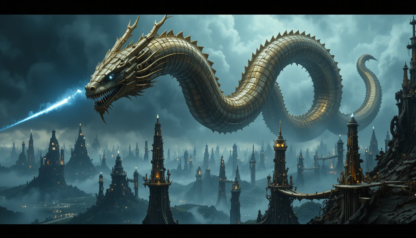 Colossal Steampunk Dragon Above Stormy Floating Cities