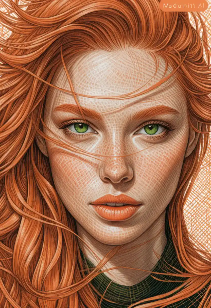 Ink portrait of freckled woman with windswept red hair