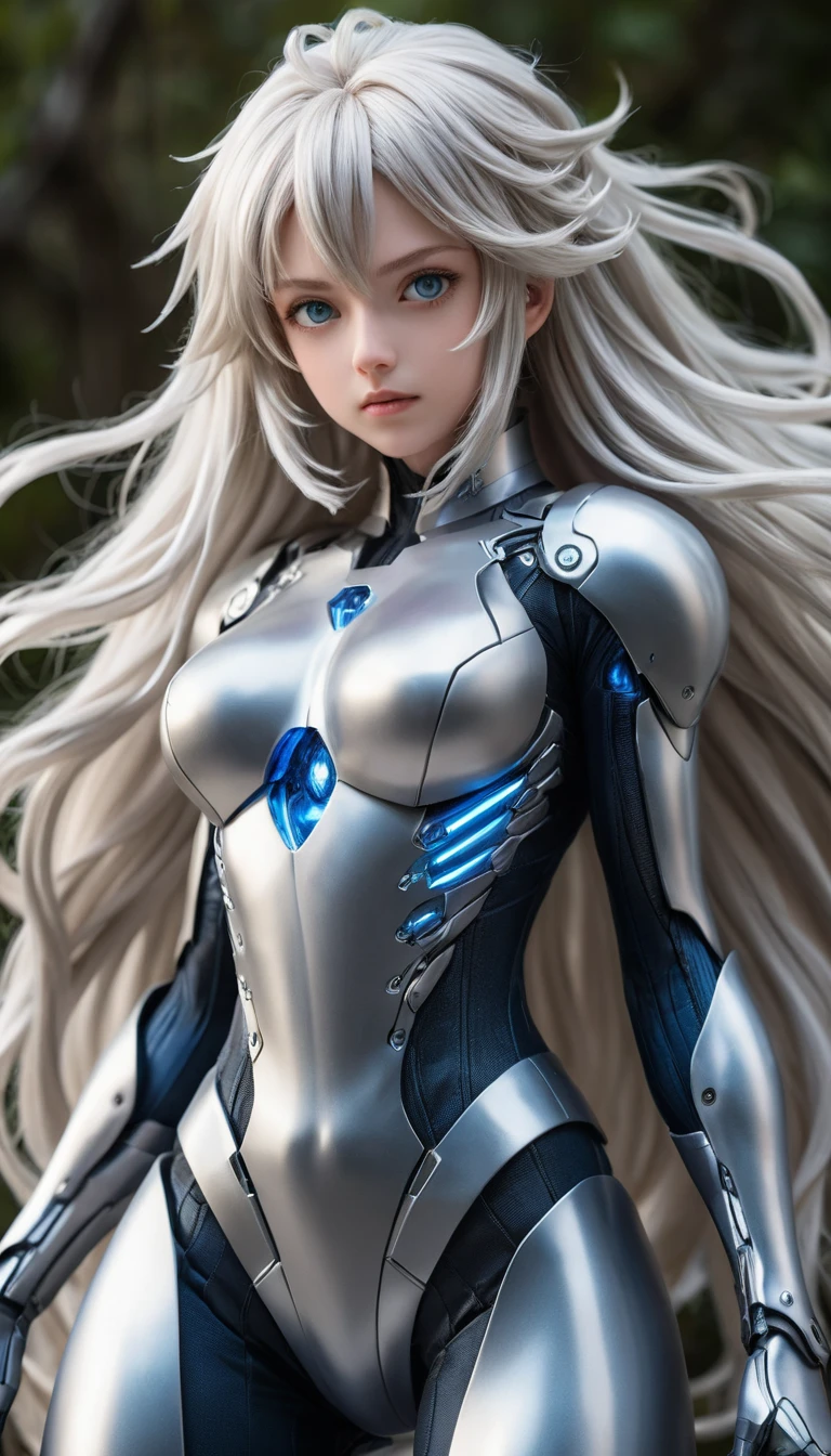 Confident anime heroine with bright blue eyes in dynamic pose