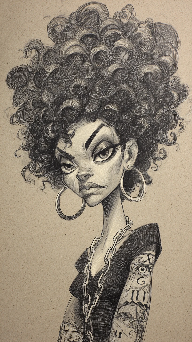 Stylized graphite portrait of a woman with massive curly afro