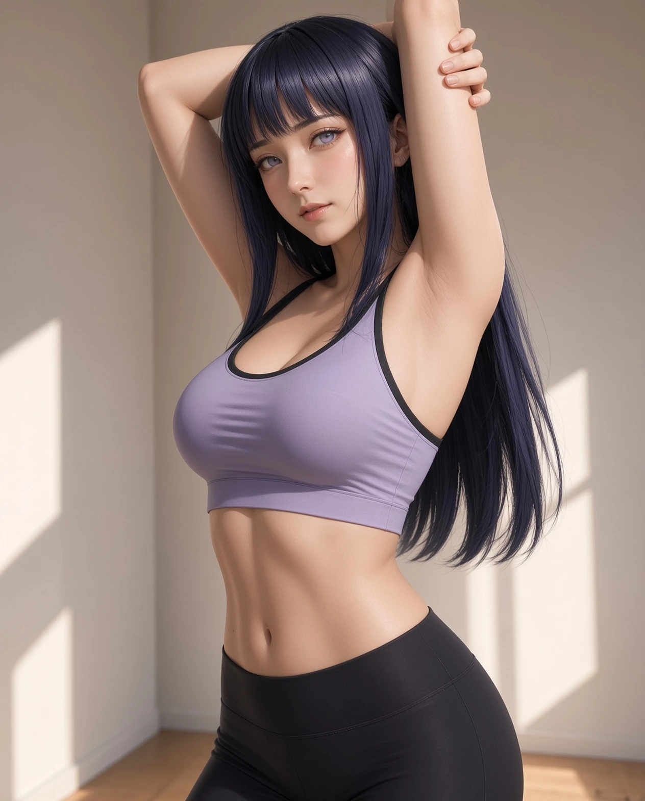 Anime woman stretching gracefully in soft morning sunlight