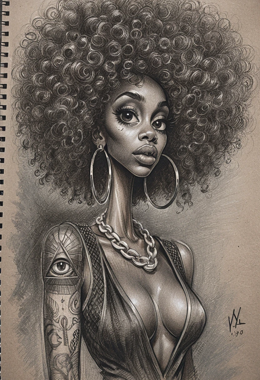 Stylized charcoal portrait of woman with massive curly afro