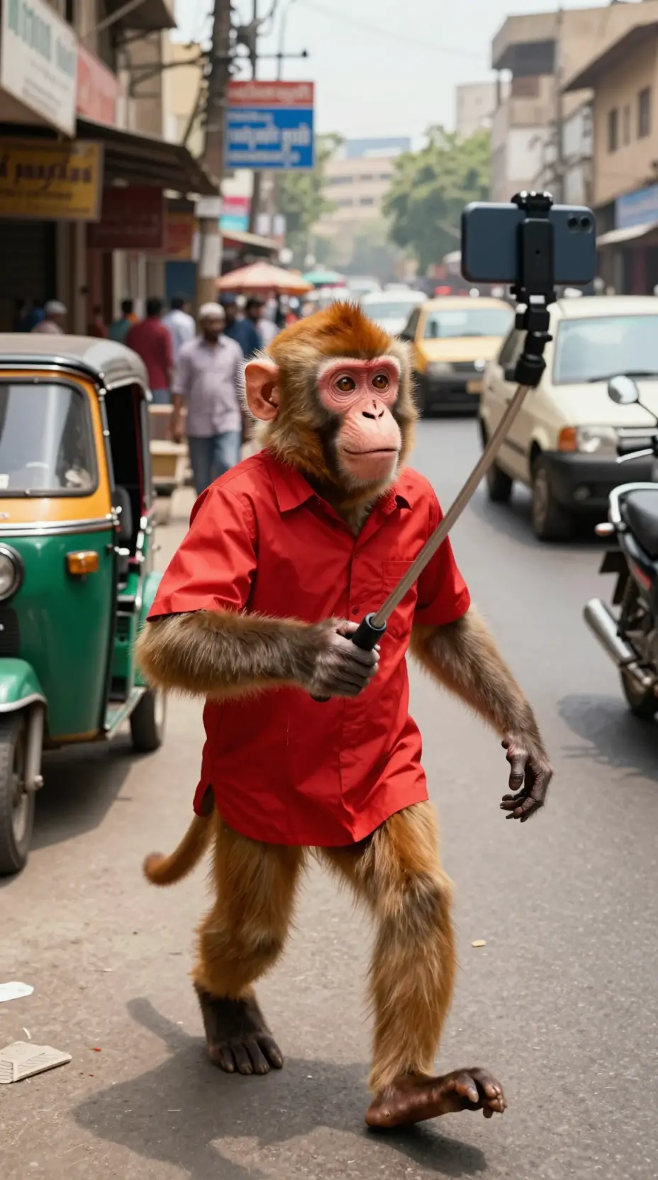 Monkey vlogger walking through busy Karachi city streets