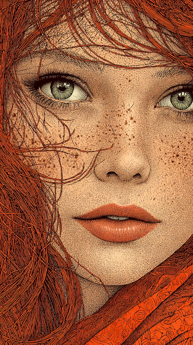 Freckled redhead line art portrait with piercing green eyes