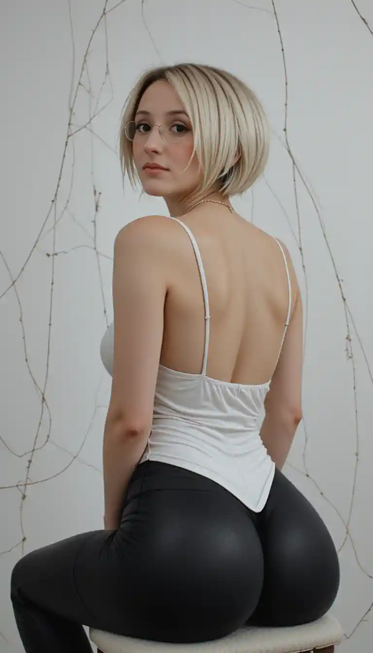 Young woman in glasses arching back on chair in studio