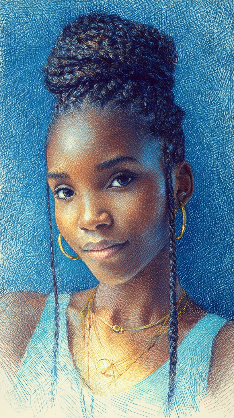 Braided Black girl portrait in blue with pencil texture