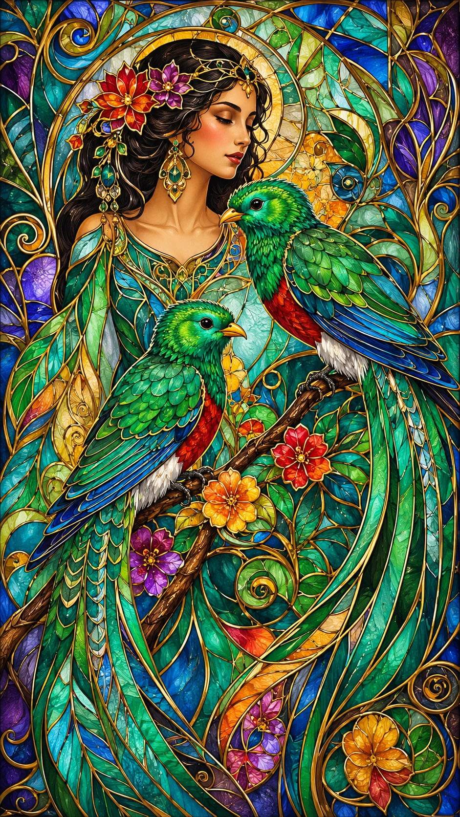Dea della giungla in vetro colorato con due radiosi uccelli quetzal