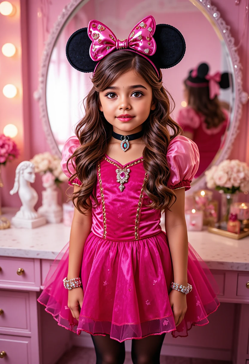 Nervous tween boy in princess costume by a vanity mirror