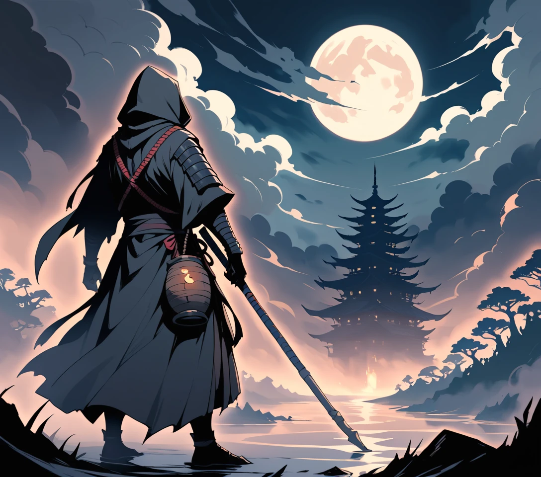 Hooded samurai with staff before a misty moonlit forest