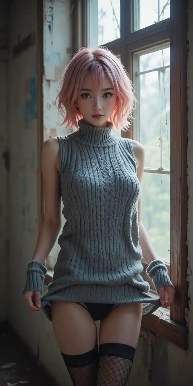 Anime girl with pink hair by a softly lit window