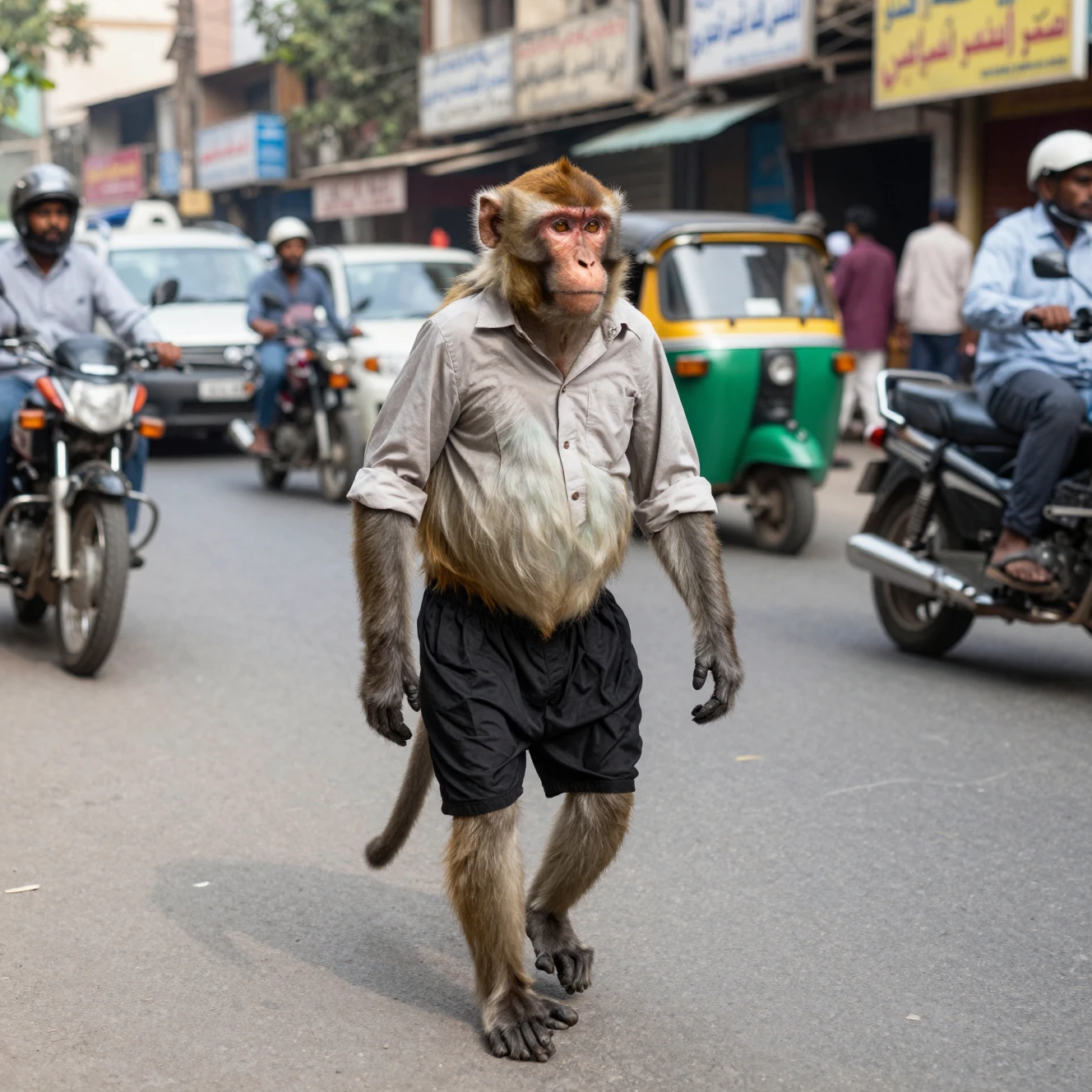 Monkey Walking Upright On A Busy Karachi City Street