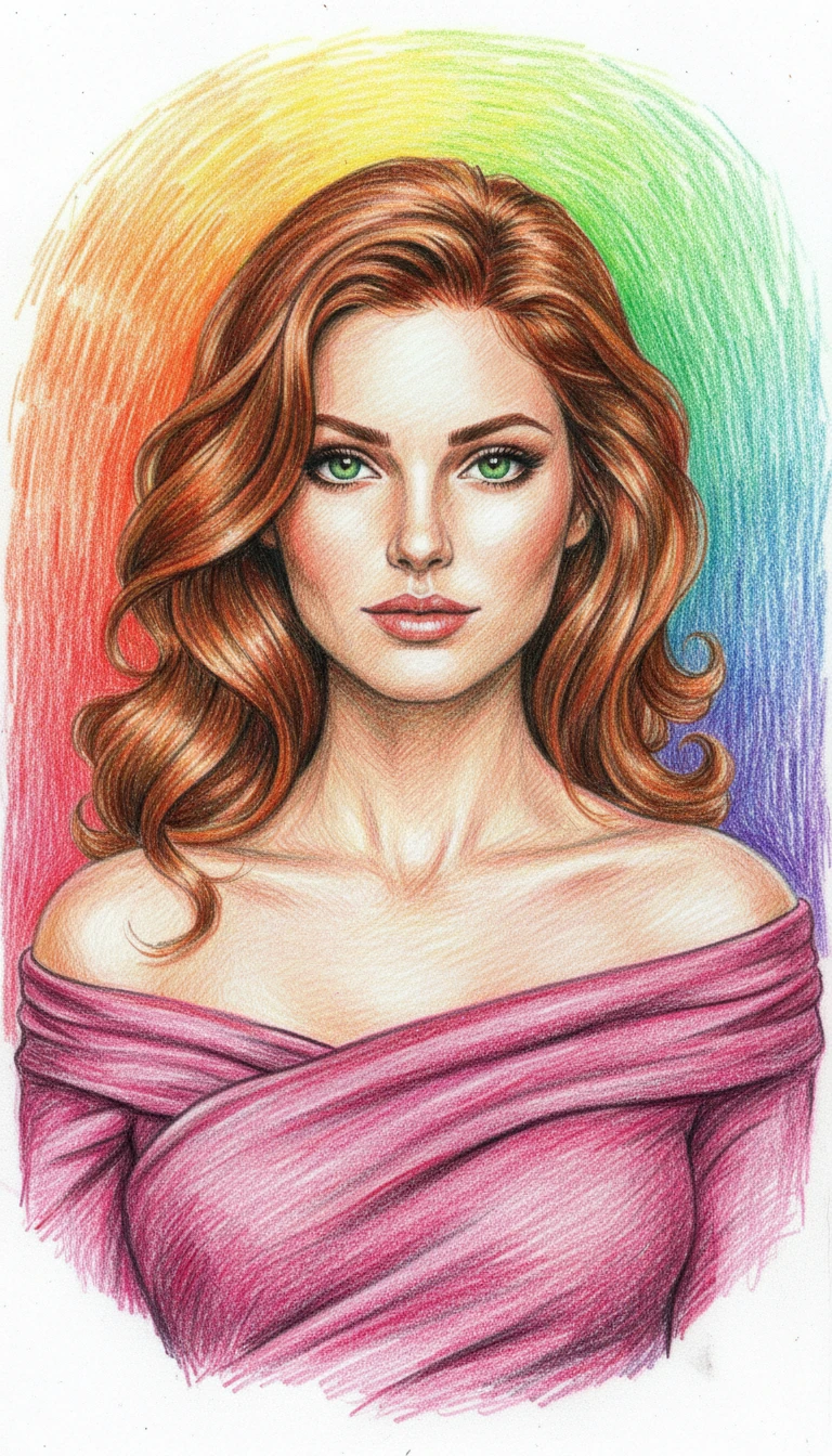 Colored pencil portrait of a woman with emerald green eyes