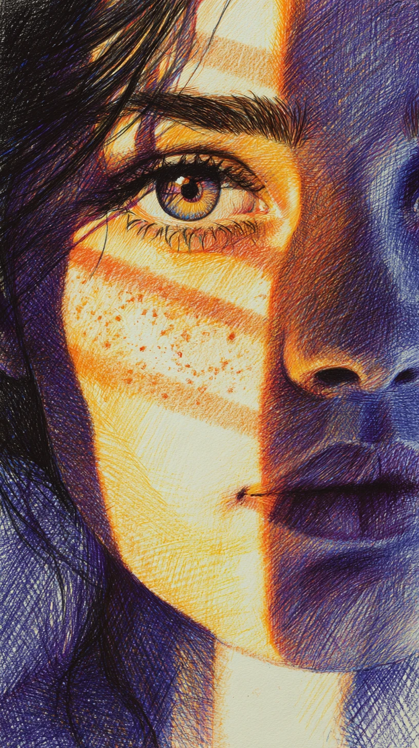 Color pencil portrait of a freckled girl in warm light