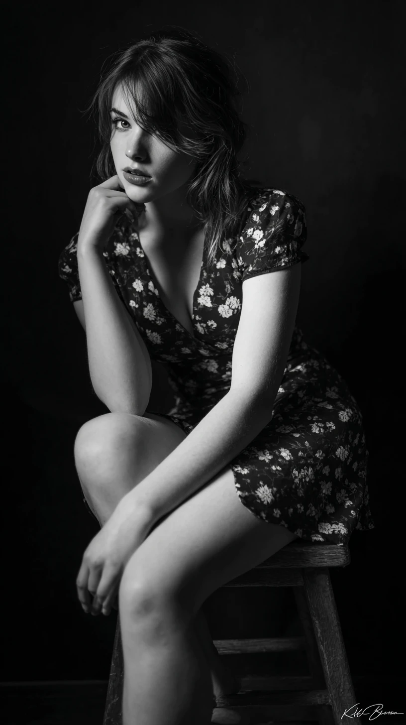 Black and white studio portrait of a young woman