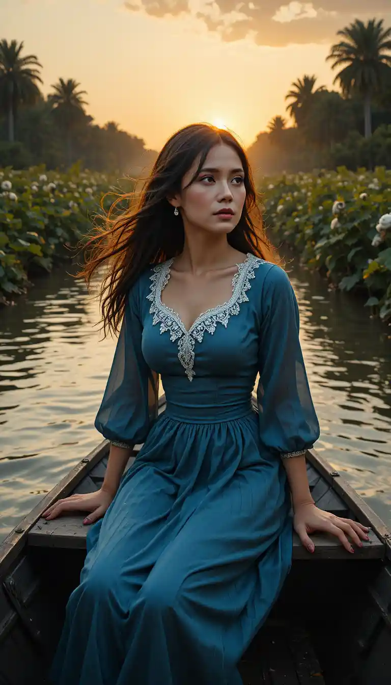 Giovane donna su una chiatta al tramonto sul Mississippi