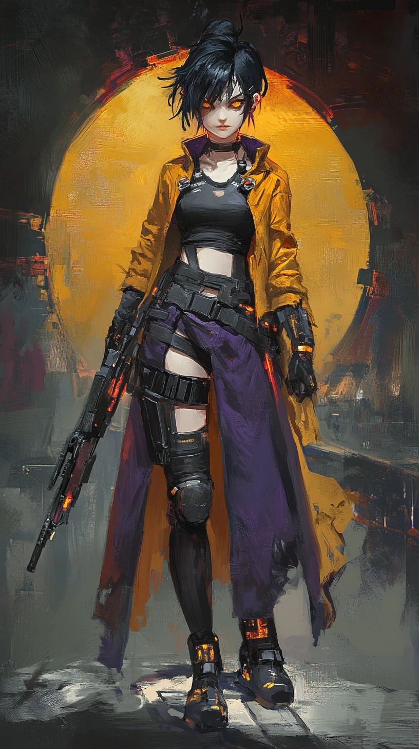 Anime girl in flaming outfit with yellow eyes