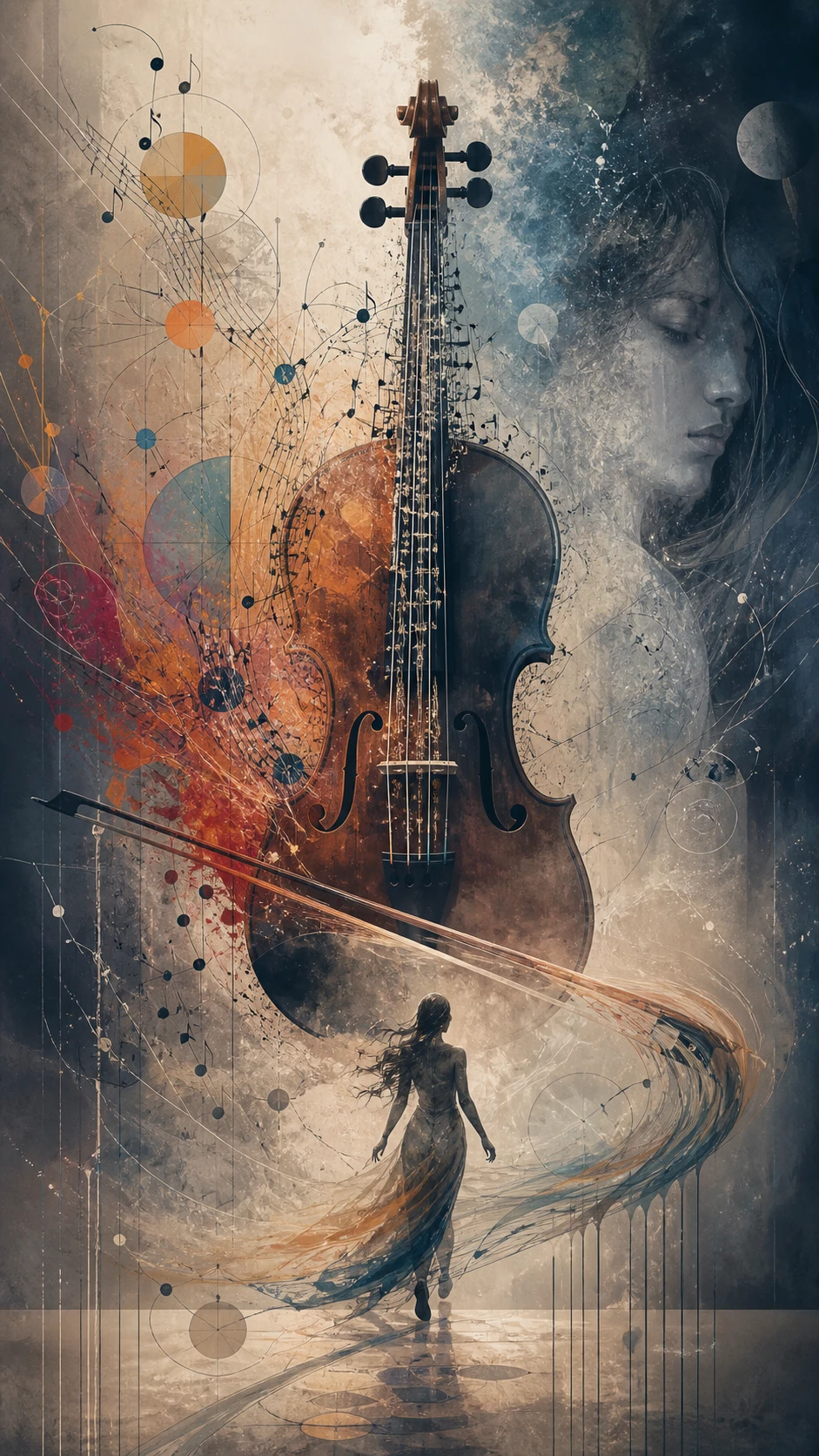 Violin With Calligraphic Strings And Scientific Notation Detail