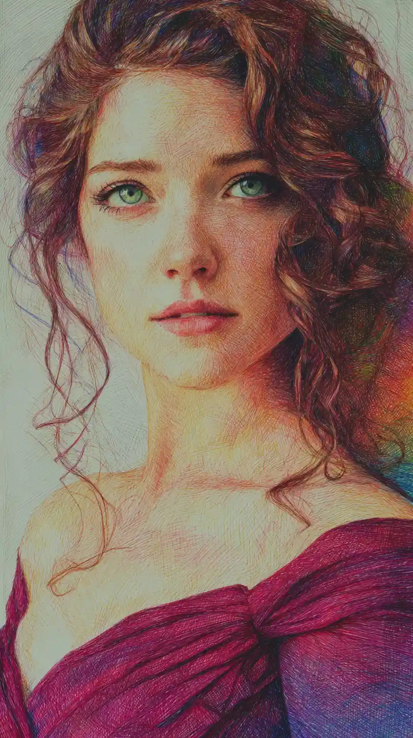 Colored pencil portrait of a woman with emerald green eyes
