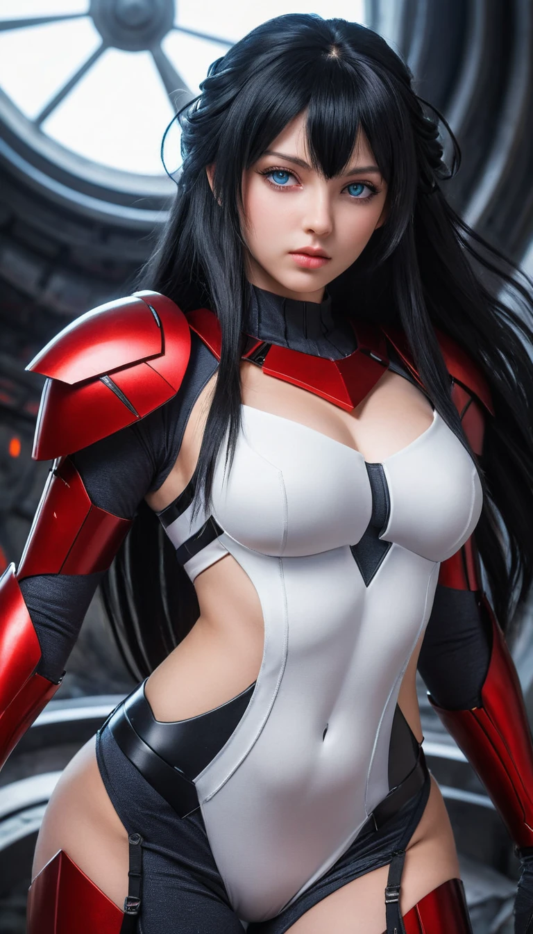 Armored anime woman relaxing inside a futuristic starship