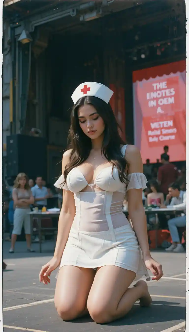 Kneeling nurse in vintage style on a festival stage
