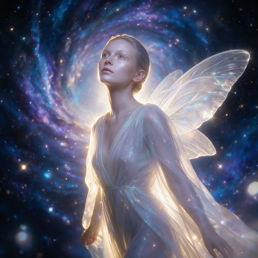 Donna angelica eterea che brilla nel profondo spazio cosmico