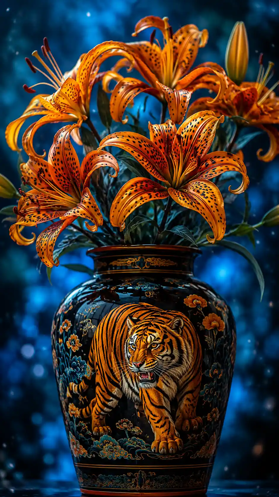 Black vase with tiger motif and blooming tiger lilies