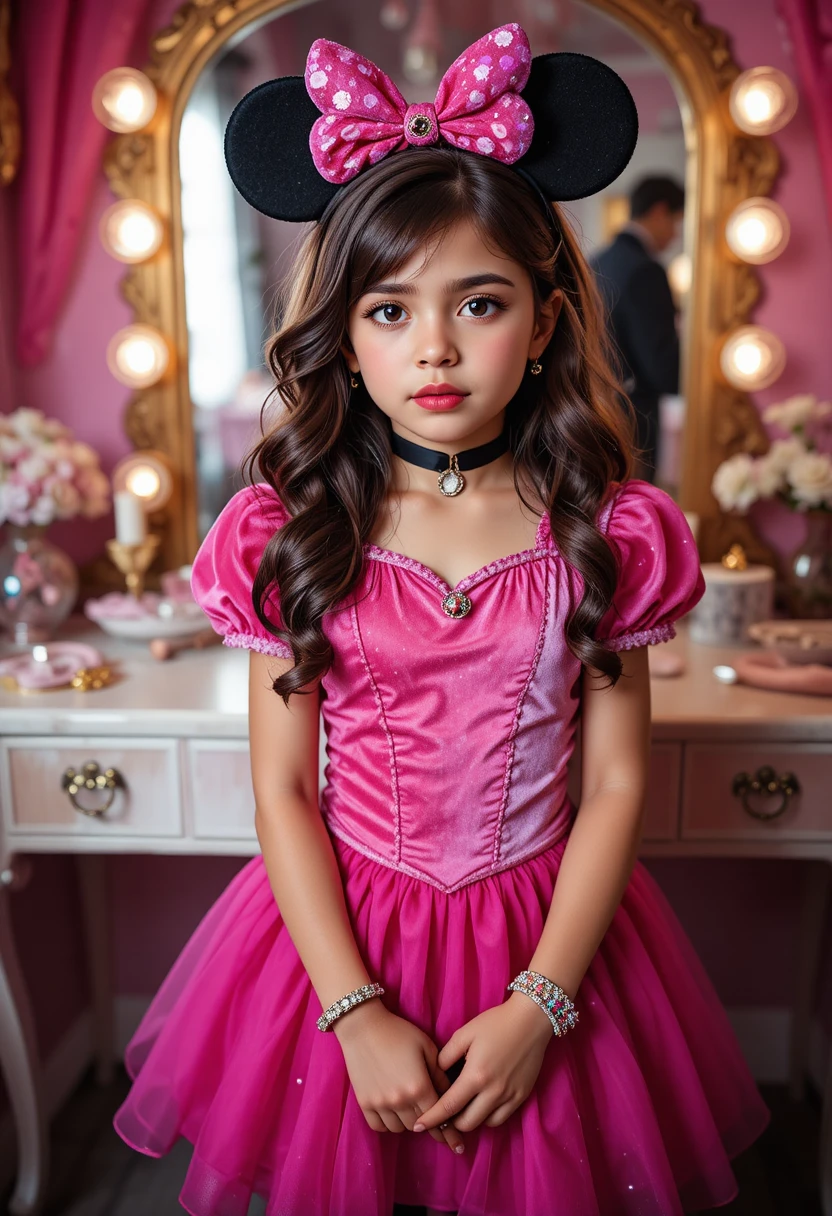 Tween boy in princess costume at pink bedroom vanity
