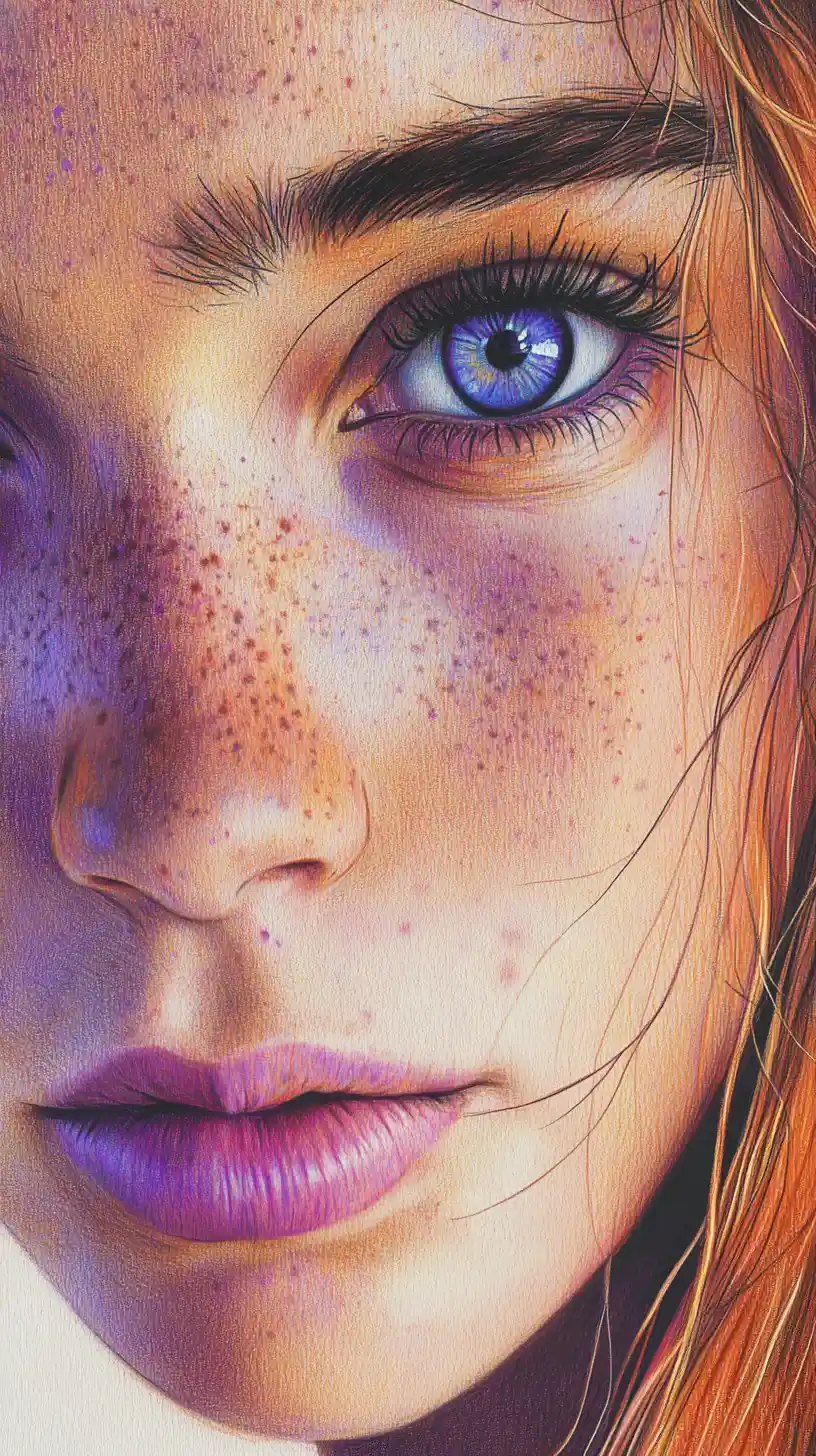 Close up color pencil portrait of a freckled girl