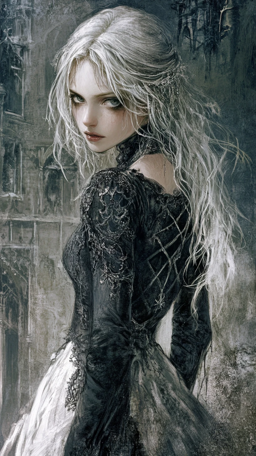 Donna gotica fantasy dai capelli bianchi in paesaggio urbano steampunk