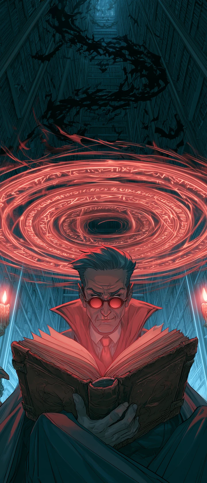 Vampire scholar in endless fantasy library with crimson magic