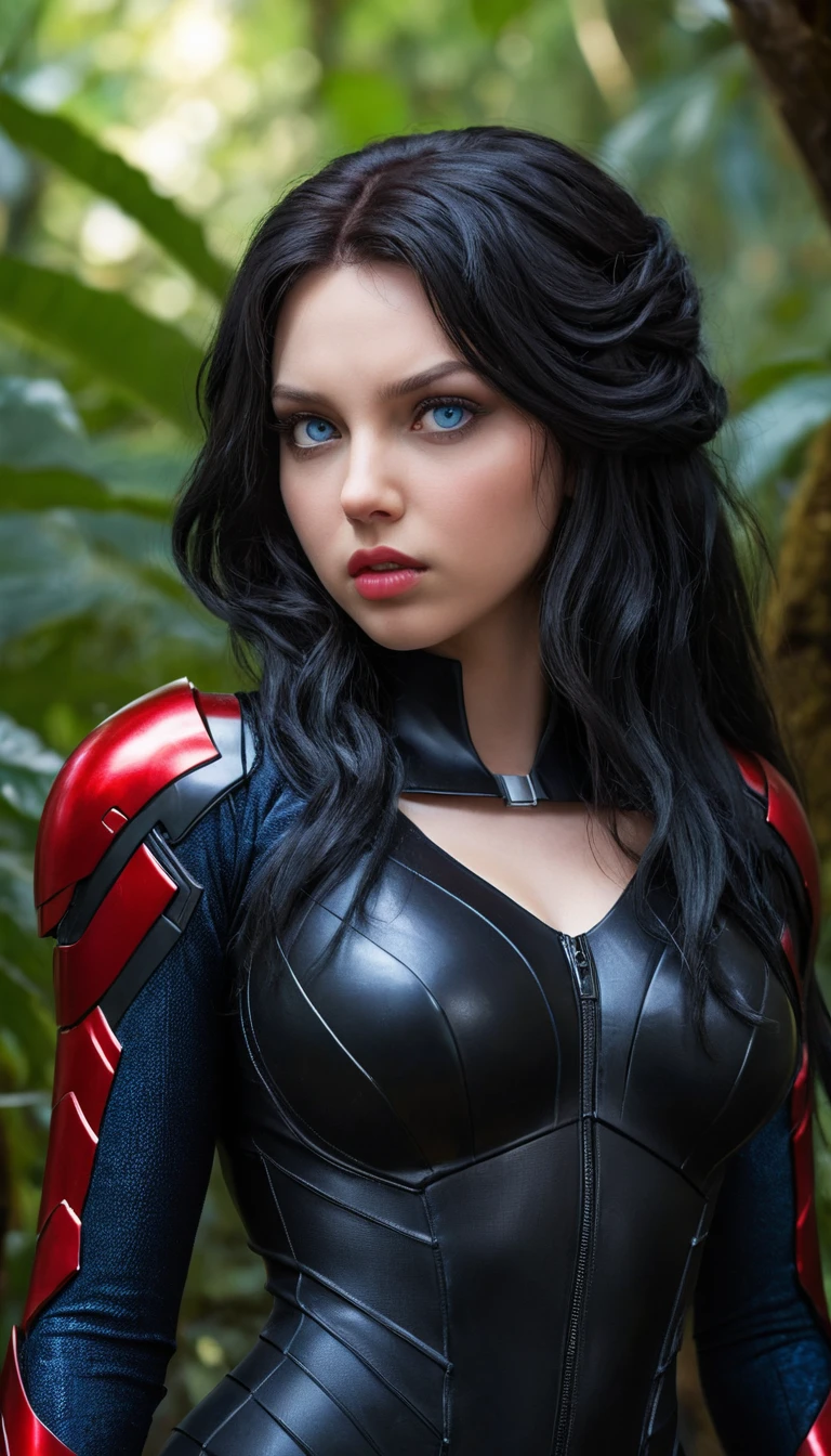 Anime heroine in red armor aboard a futuristic starship