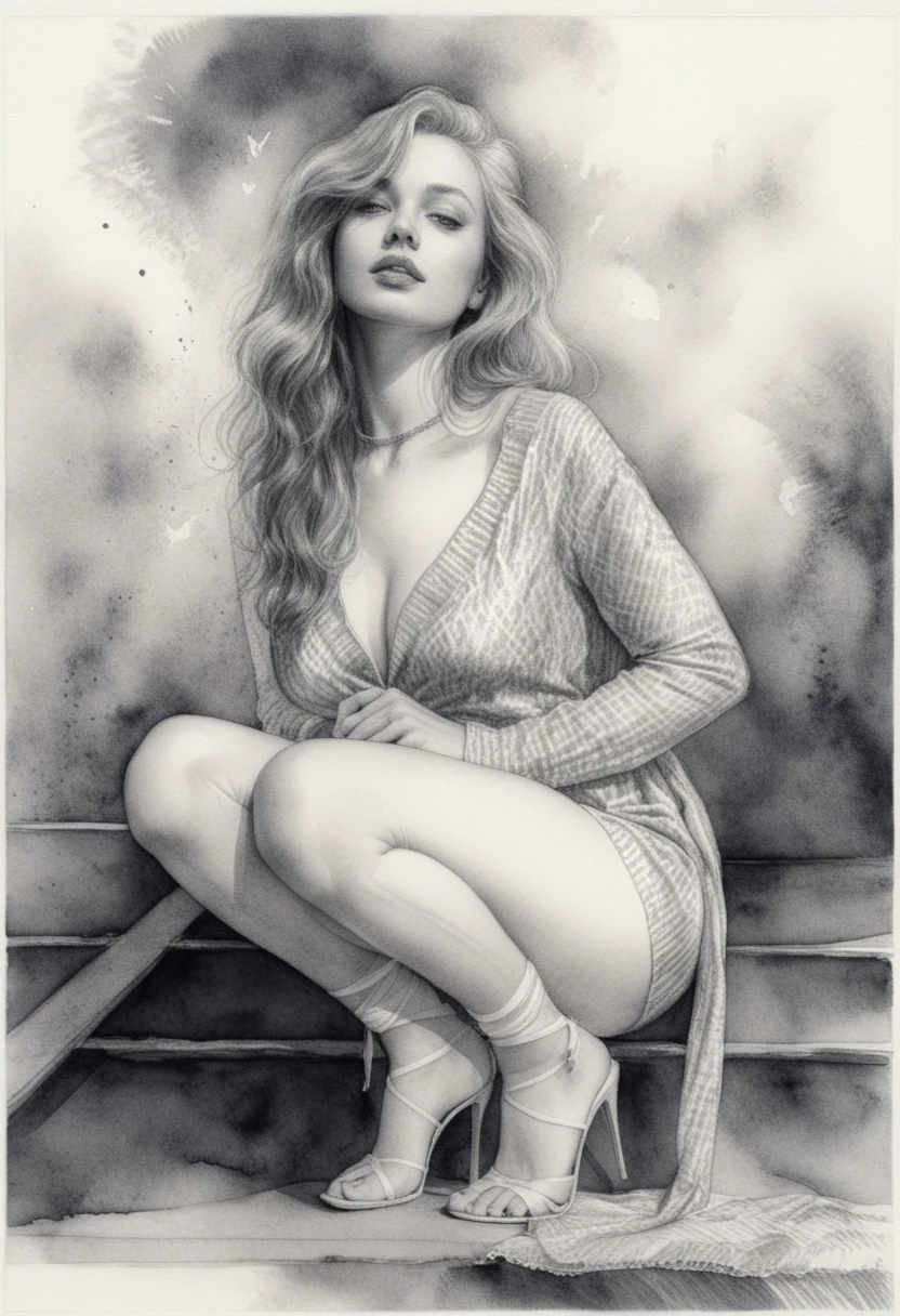 Elegant woman crouching in a short dress at night