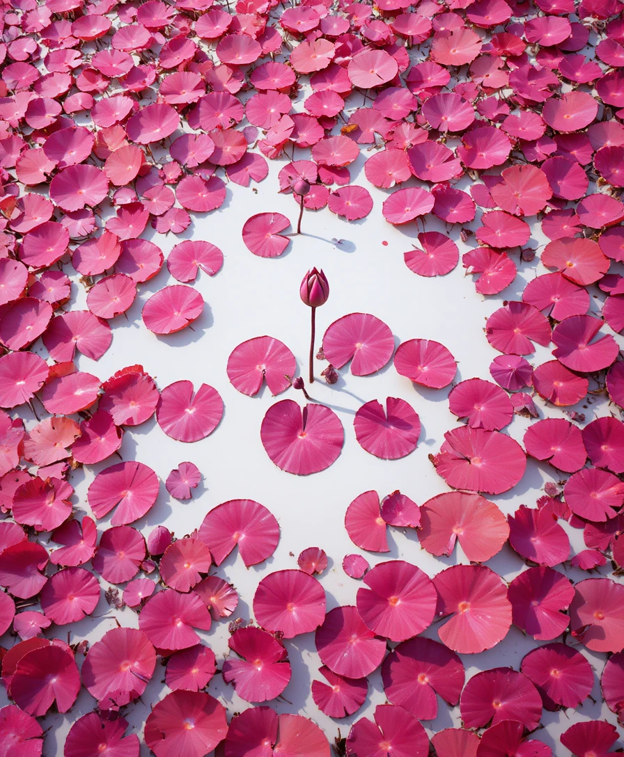 Overhead view of hot pink lily pads on white pond water