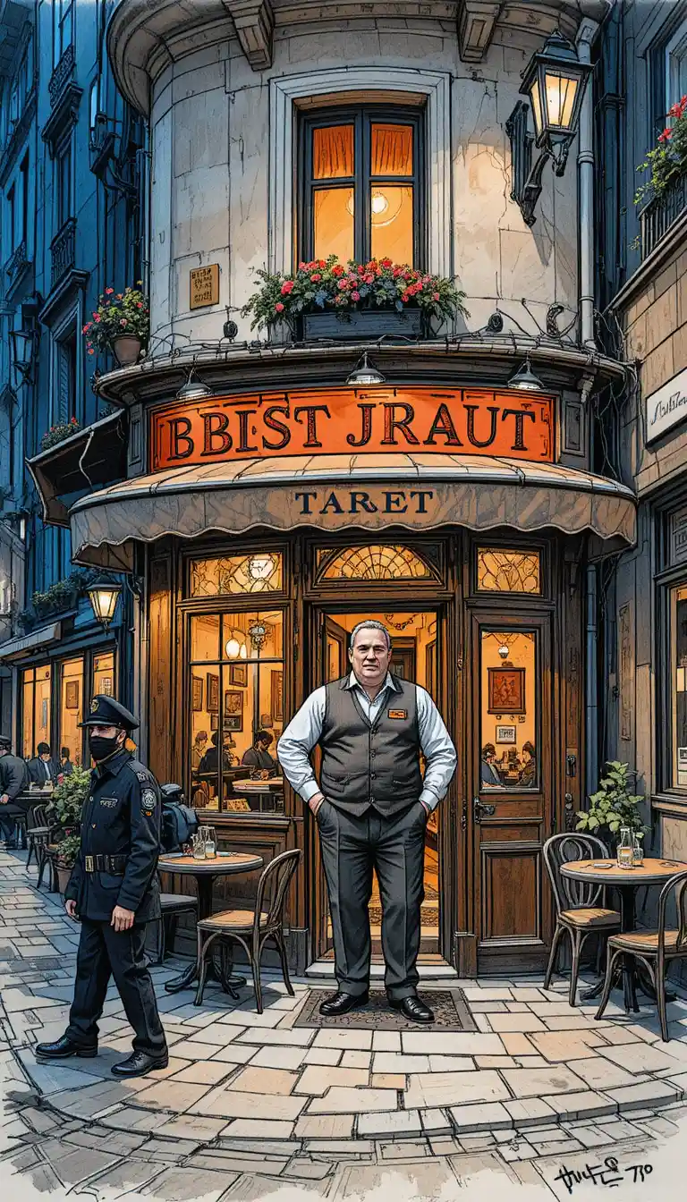 Parisian bistro owner standing outside in warm night light