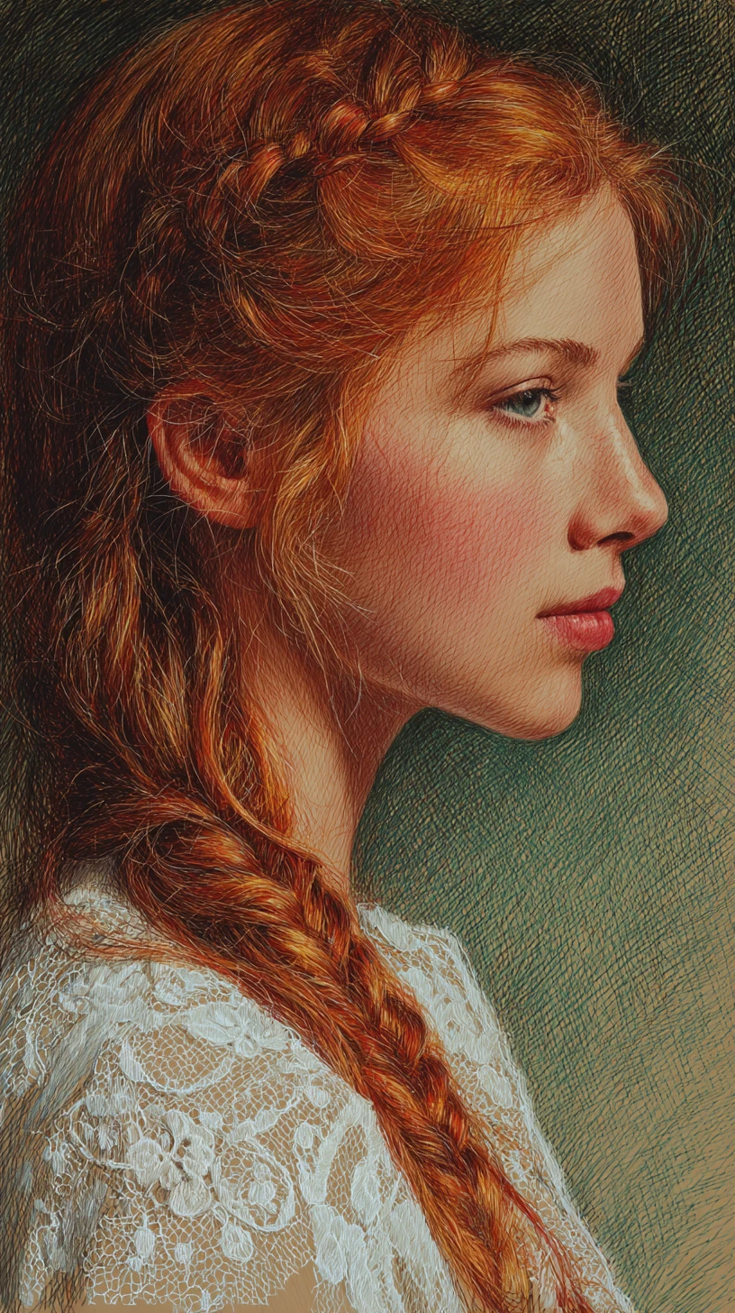 Red haired girl portrait in colored pencil with lace dress
