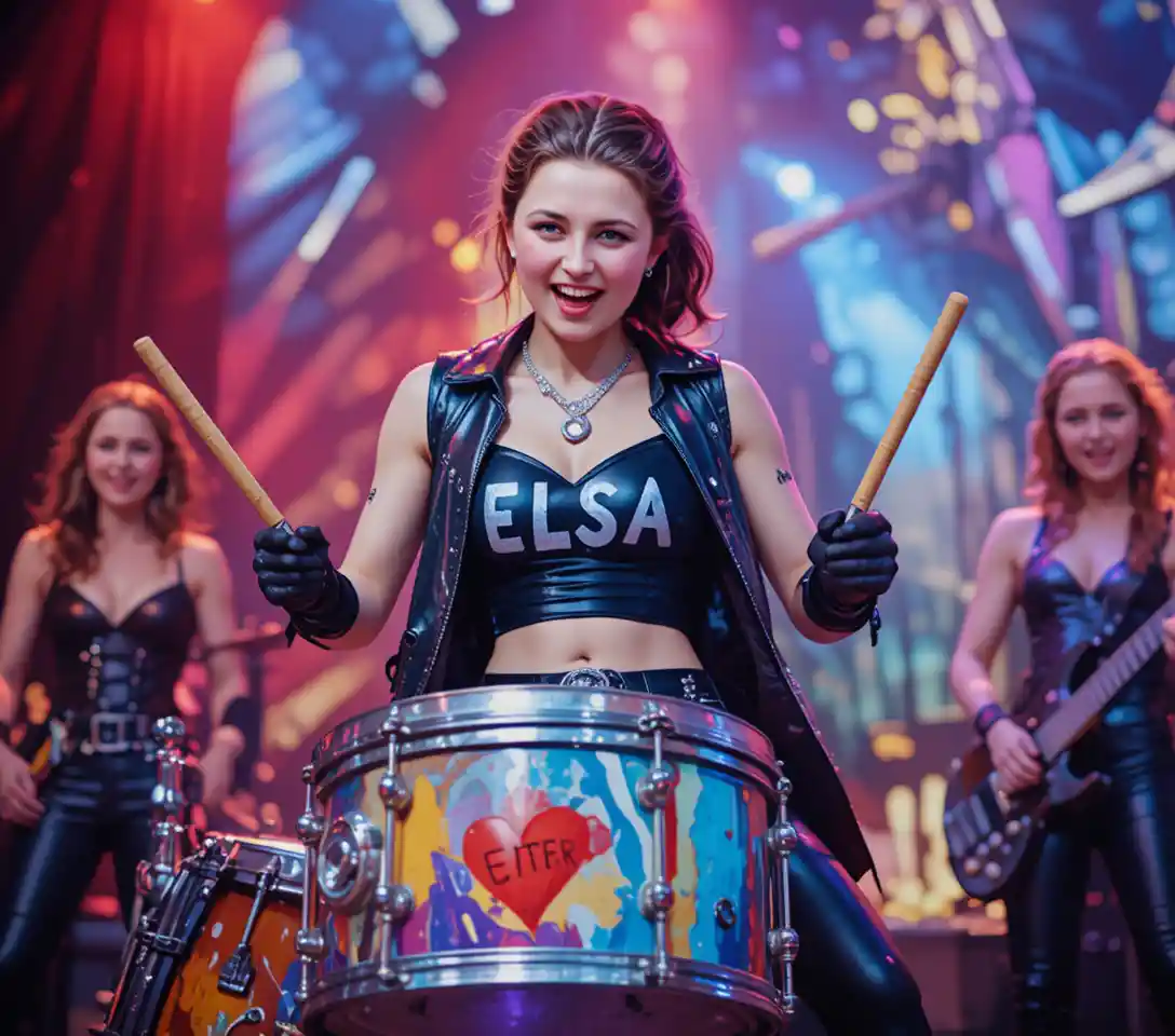 Young metal drummer girl beating a colorful stage drum