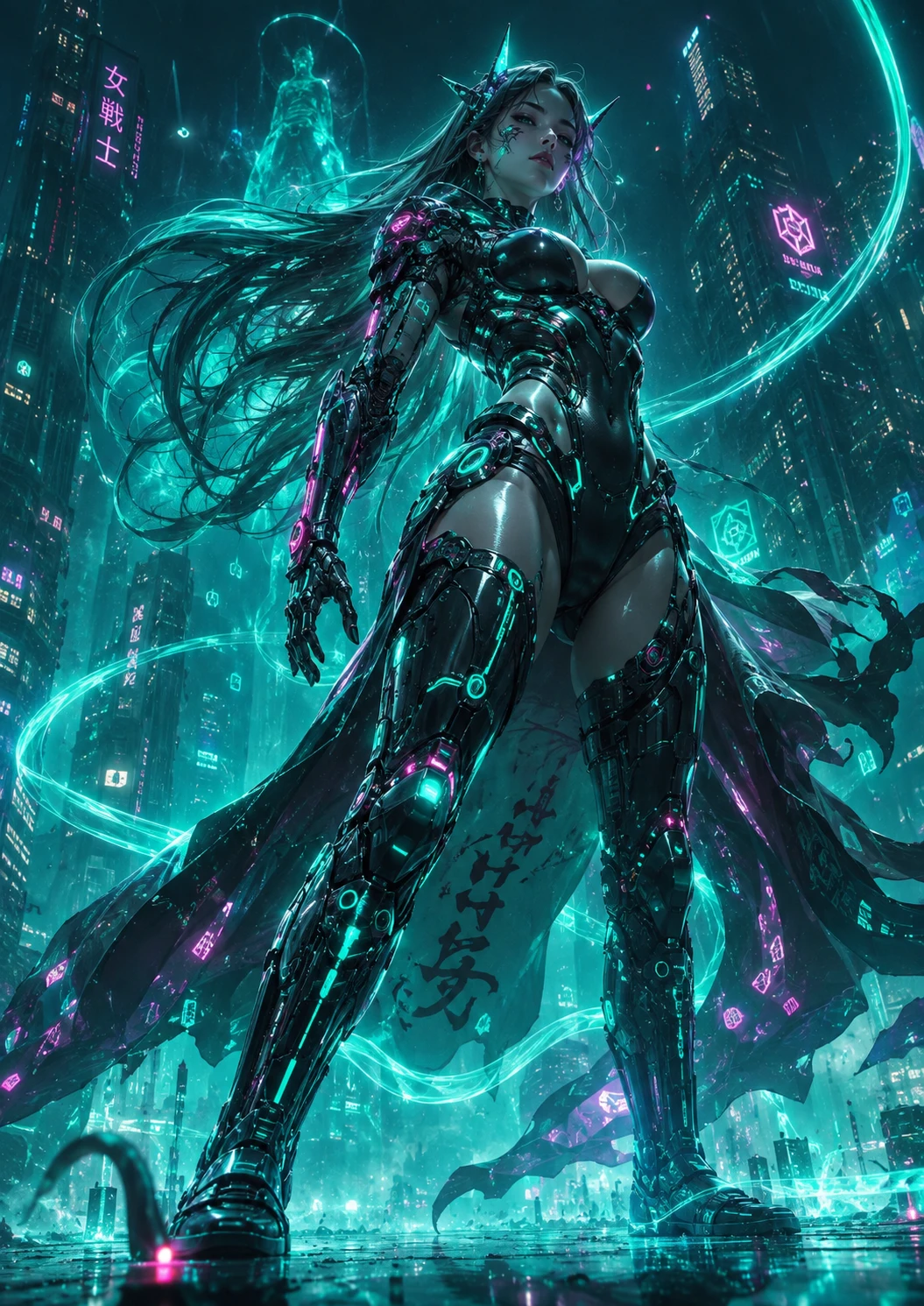 Cyberpunk heroine standing victorious in neon futuristic city