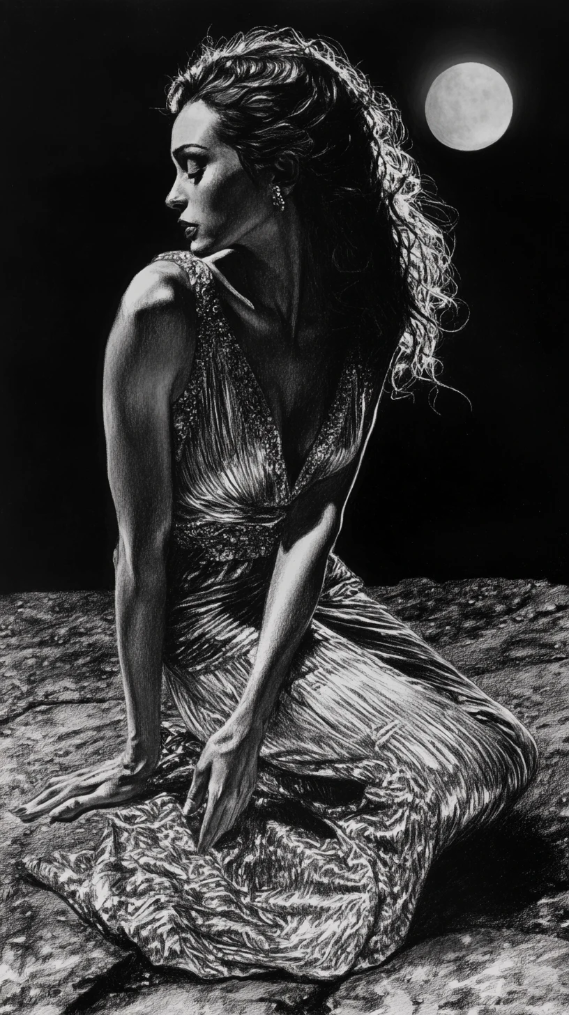 Elegant crouching woman in graphite night illustration