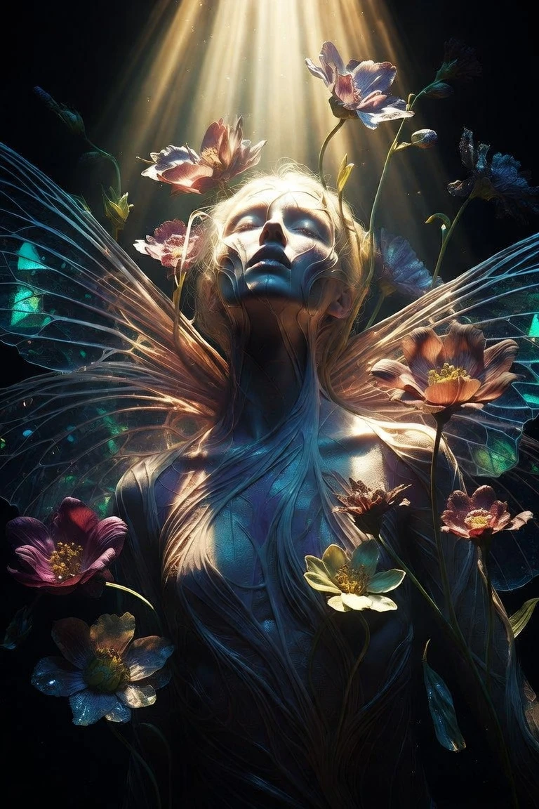 Woman transforming under golden spotlight in surreal garden