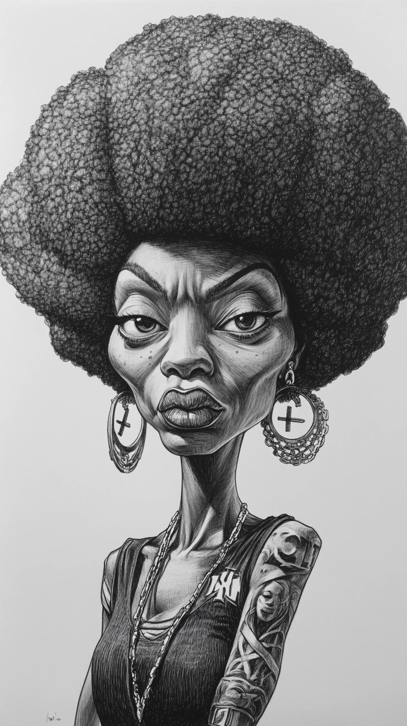 Caricature portrait of woman with massive curly afro hair
