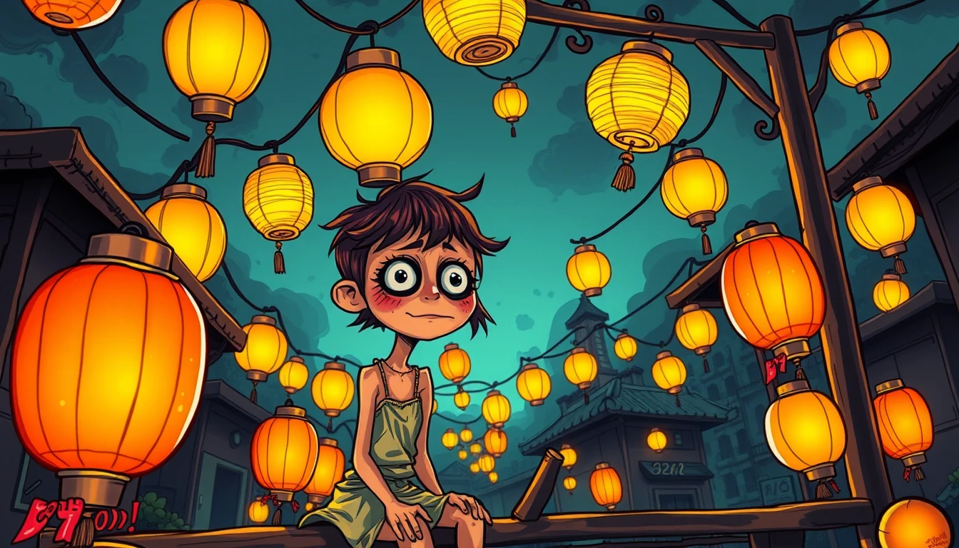 Surreal Hollow Eyed Woman Sitting Beneath Glowing Lanterns